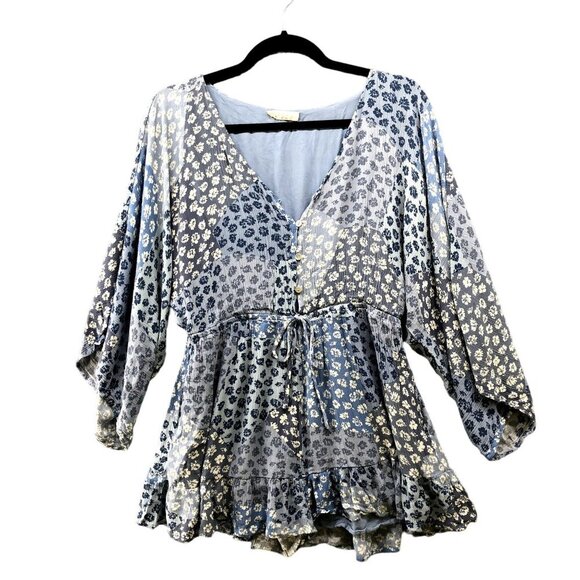 Illa Illa Romper Womens Large L Blue Floral Boho Ruffle Hem V-neck Short Sleeve - Picture 1 of 10